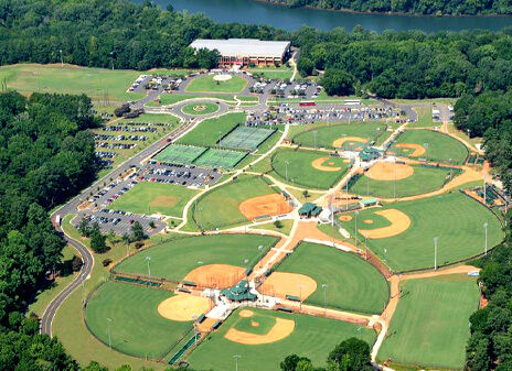 An aerial view of the sports fields at Riverview Park in North Augusta SC.